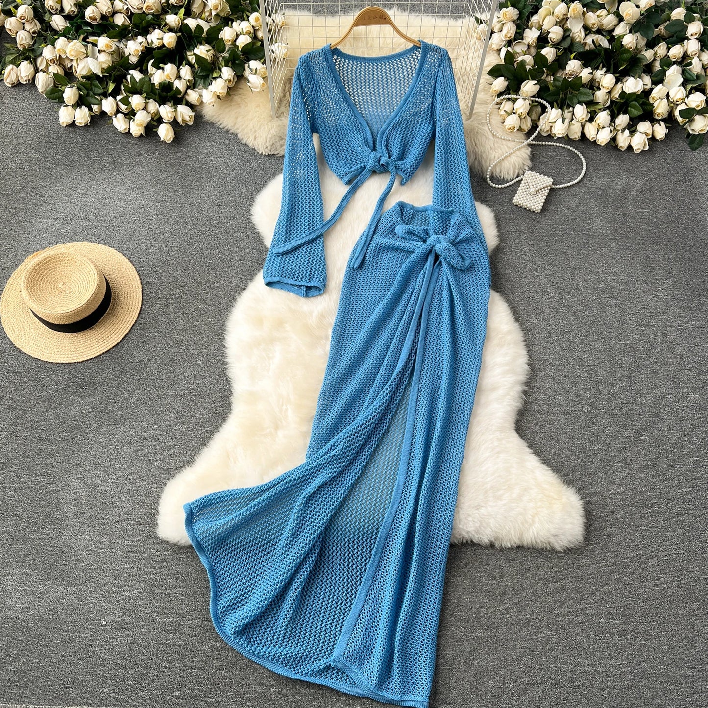 SINGREINY Vacation Two Piece Set Women Long Sleeve V Neck Short Top Adjustable Waist Split Long Skirt Knit Summer Beach Suit