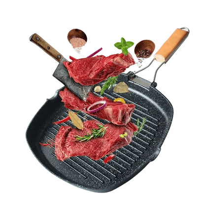 Foldable Portable Frying Pan Picnic Grill Pan Anti-scald Wooden Handle Outdoor Grill Pan Double Mouth Steak Pan(No Lid)