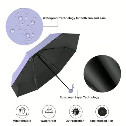 1pc Anti-Uv Mini Umbrella For Sunny And Rainy Days, Portable With Uv Coating And 6 Reinforced Ribs