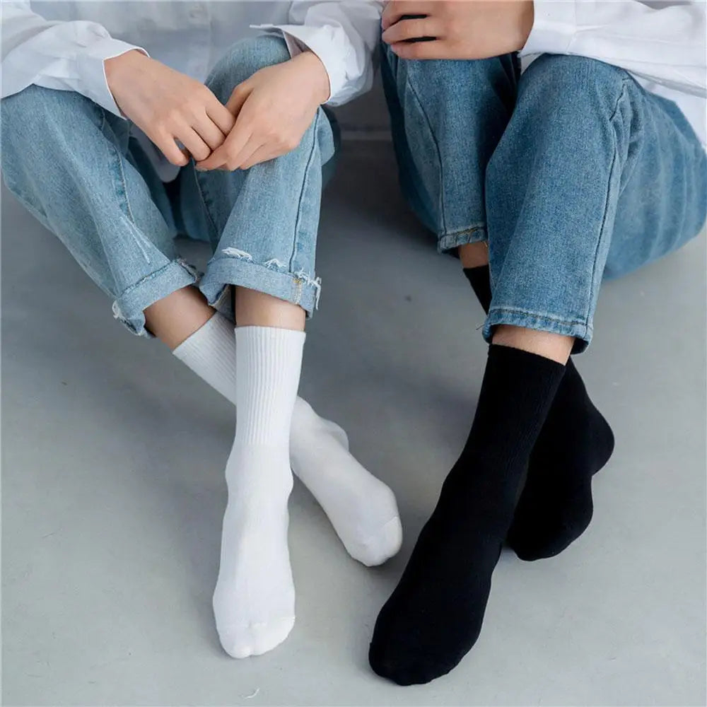 5 Pairs Women White Socks Cotton Harajuku Korean Style Socks For Girl And Boys School Middle Tube Socks
