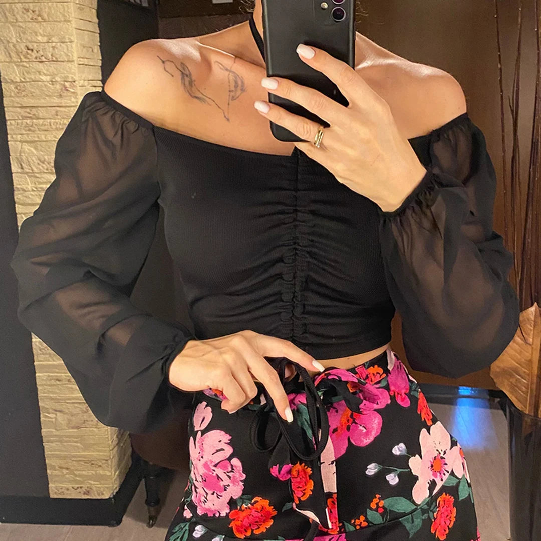 S-3XL Mesh Lantern Sleeves Drawstring Wrap Chest Bare Midriff T-Shirt Women Long Sleeve Ruched Blouse Sexy Crop Top Tee K5995