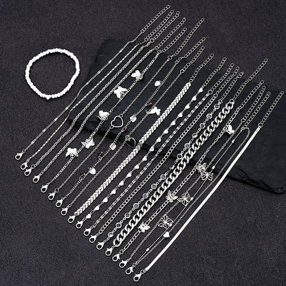 20 Pcs/Set Fashion Metal Butterfly Heart Pendant Anklets Set Bohemia Vintage Pearl Foot Bracelet Beach Woman Jewelry Gifts 2024