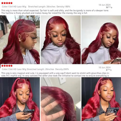 200% Body Wave Wig Burgundy 99J Lace Front Wig 13x4 13x6 HD Lace Frontal Wig Human Hair Pre Plucked 99j Red Colored Wig