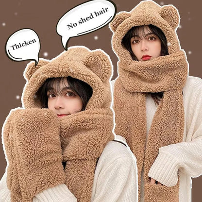 Cute Bear Ear Hat Fashion Winter Warm Comforts Polyester Thickened Plush Hoodie Hat Scarf Gloves Set Girl Kawaii Warm Casual Hat