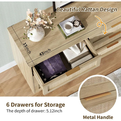 Rattan Dresser for Bedroom, 6 Drawer Wide Dresser, Boho&Farmhouse Chest of Drawers, 43" Clothes Storage Cabinet, Metal Handle