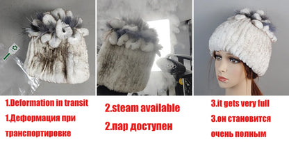 New Fashion Real Fur Hats Scarves Sets Women Winter Knitted Real Rex Rabbit Fur Hat Scarf Ladies Natural Fur Hats Mufflers Sets