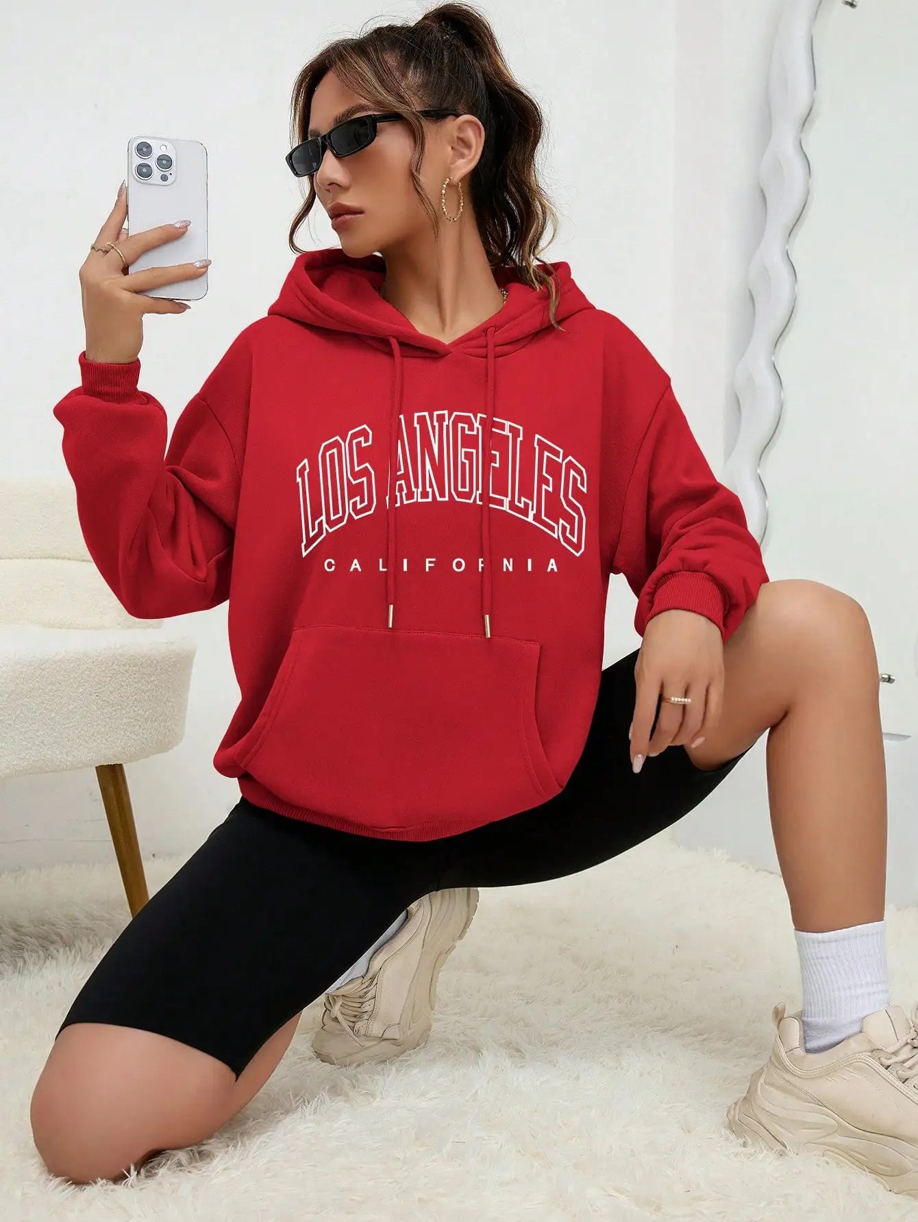 Women's Hoodies Los Angeles California Letter Printing Pocket Hoodie Casual Oversize Long Sleeve Clothes New In sweatshirts
