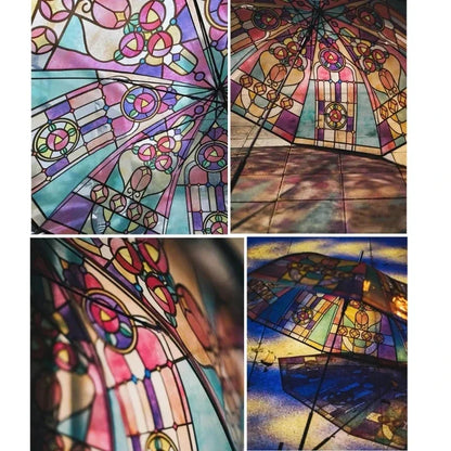 British Wind Rainforest Arch Transparent Umbrella Stained Glass Transparent Umbrella Long Handle Automatic Large Romantic Sunny