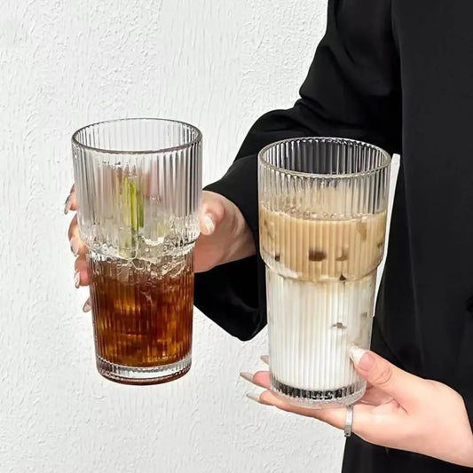 600ML Striped Glass Coffee Cup, Glass with Straw and Lid, for Water Coffee Tea, Clear Drinkware