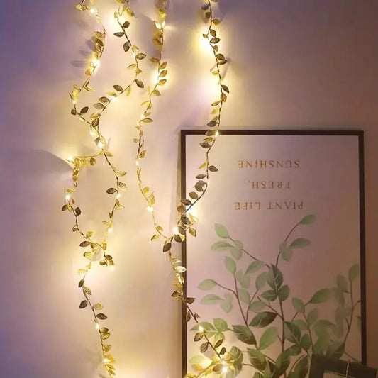 20/50/100LEDs Golden Silver Tiny Leaves Fairy Light Battery Powerd Artificial Plant Garland Vine Lights For Wedding Home Party
