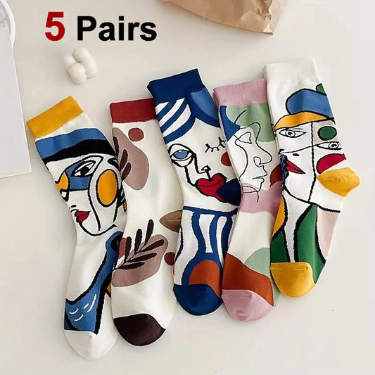 5 Pairs Elegant Cartoon Graffiti Women Tube Socks Fashionable Oil Painting Art Printing Soft Comfortable Breathable Casual Socks