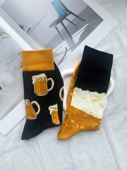 CHAOZHU 1 Pair Big Size Male Ab Side Jacquard Long Crew Fashion Bear And Bubble Black Yellow Casual Fancies Socks