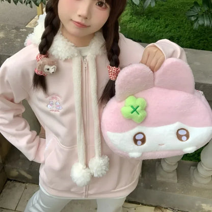 Vintage Kawaii Long Sleeve Loose Coat with Hooded Women Japanese Cute Zipper Sweatshirts Female Casual Y2k Jacket Overcoat Chic