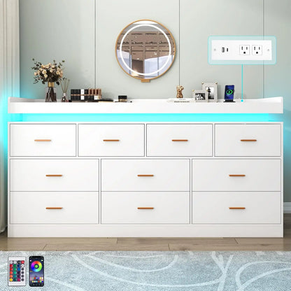 10 Drawer Dresser with LED Light and Charging Station, Modern Chest of Drawers for Closet, Wide Drawer Organizer Cabinet , White