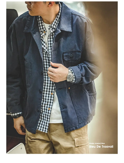 Maden Retro French Jacket Multi-Pocket Lapel Navy Heavyweight Single-breasted Hunting Coat for Men's Spring and Autumn Tops