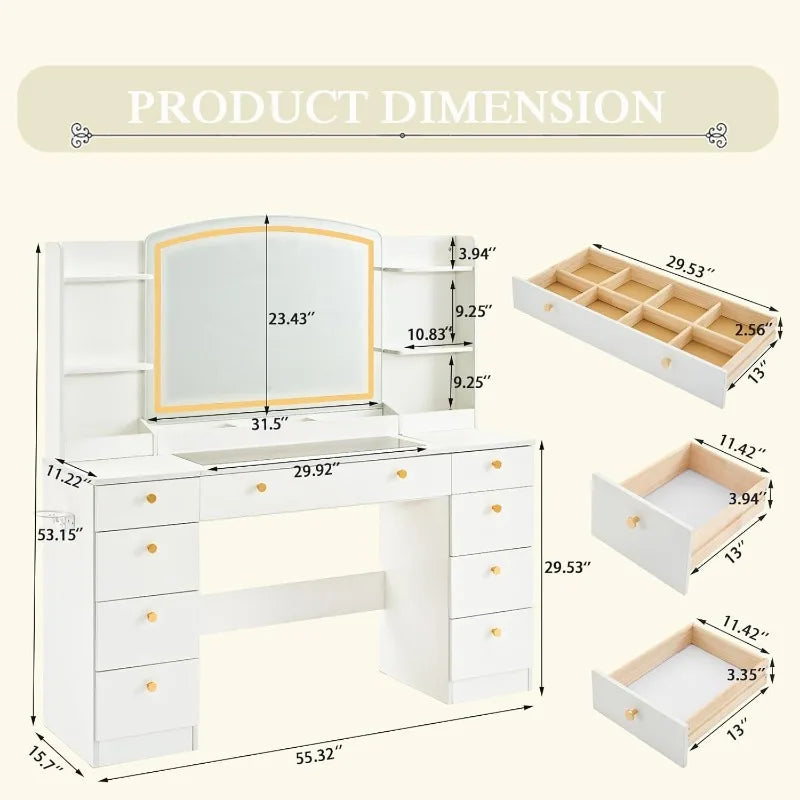 55 "Makeup Dresser with Mirror and LED Lights - Glass Top Dresser with Power Outlet and Storage Rack, Drawers