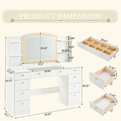 55 "Makeup Dresser with Mirror and LED Lights - Glass Top Dresser with Power Outlet and Storage Rack, Drawers