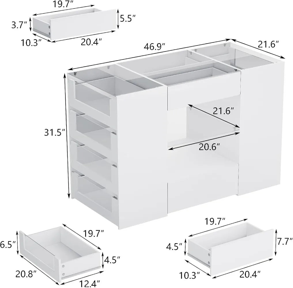 Closet Island with Drawers, Wardrobe Armoire Bedroom Island, Glass Display Shelf & 12 Drawers, White Dresser with Glass Top