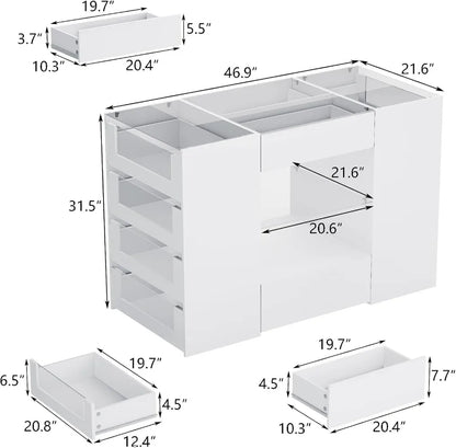 Closet Island with Drawers, Wardrobe Armoire Bedroom Island, Glass Display Shelf & 12 Drawers, White Dresser with Glass Top