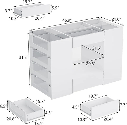 Closet Island with Drawers, Wardrobe Armoire Bedroom Island, Glass Display Shelf & 12 Drawers, White Dresser with Glass Top
