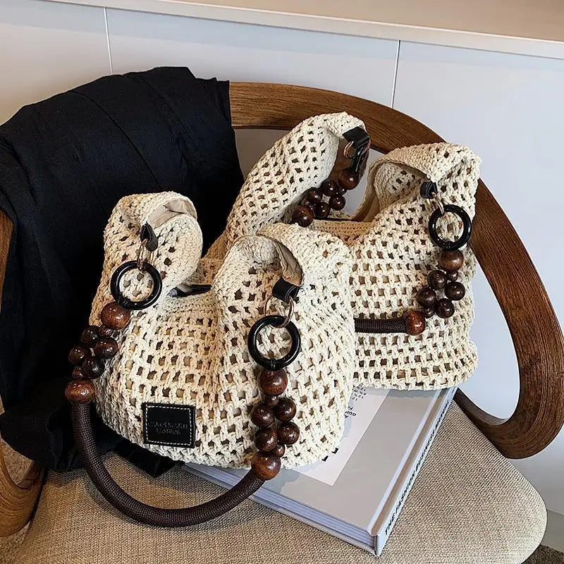 Beach Summer Bag for Women Mesh Woven Shoulder Bag Adjustable Strap Handbag Large Capacity Hobo Bag for Travel Vacation