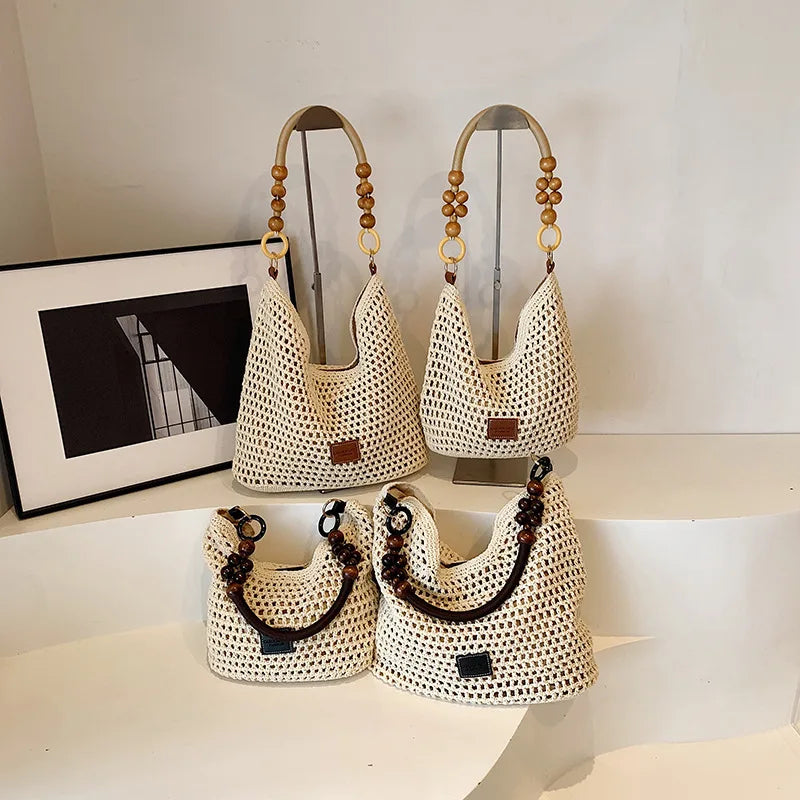Beach Summer Bag for Women Mesh Woven Shoulder Bag Adjustable Strap Handbag Large Capacity Hobo Bag for Travel Vacation