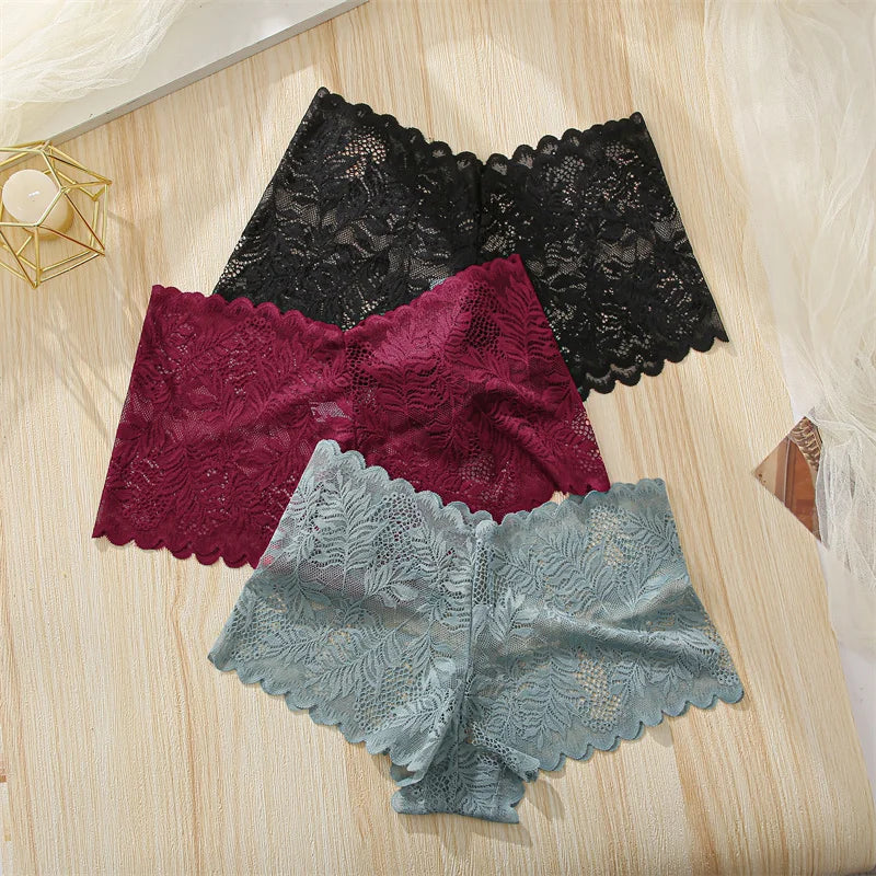 FINETOO 4pcs Lace Floral Boyshorts Underwear for Women Sexy Hollow Out Solid Panties Female Low-Waist Breathable Girls Lingerie