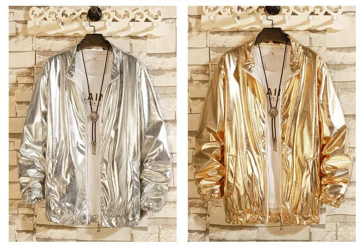 Mens Windbreaker Jackets Nightclub Stage Party Jackets Costume Streetwear Harajuku Hip Hop Reflective Jacket Gold Fashion Coats