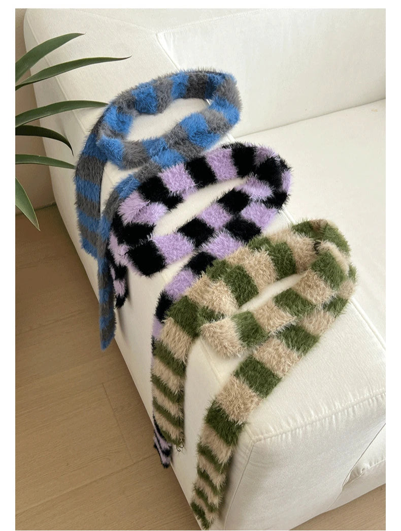 Striped Plush Scarf Women's Niche Design Sense Spice Girl Versatile Decoration Korean Version Thin and Narrow Long Scarf