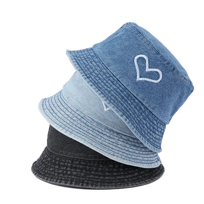 Spring Summer Strawberry Embroidery Denim Jeans Bucket Hat Legent Fisherman Hats for Women Foldable Sport Sun Beach Panama Caps
