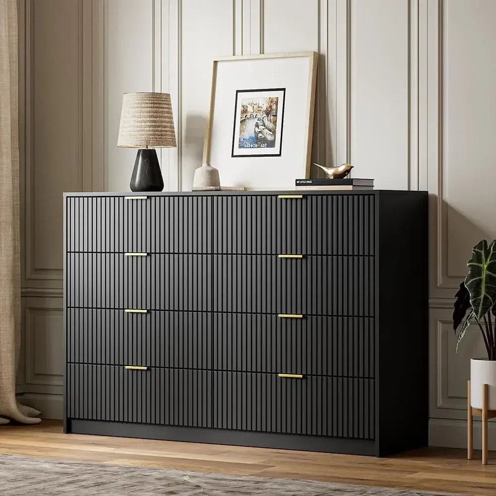 55" Wide Dresser Bedroom, Fluted 8-Drawer Double Dresser with Gold Handles, Modern Tall Chest of Drawers for Bedroom, Dressers