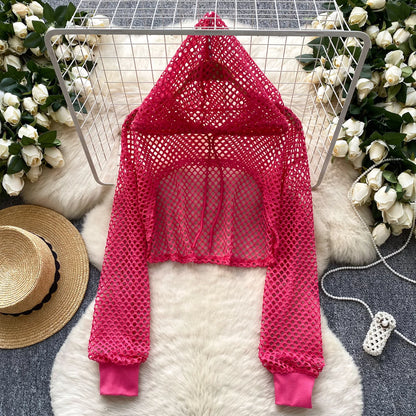 SINGREINY Summer Knitted Hooded Cadigans Women Long Sleeve Thin Streetwear Irregular Outerwear Hollow Out Sun-proof Blouses