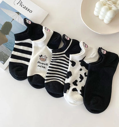 5 Pairs Funny Cow Print Socks Cute Fashion Cartoon Low Cut Ankle Socks For Women And Men