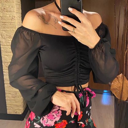 S-3XL Mesh Lantern Sleeves Drawstring Wrap Chest Bare Midriff T-Shirt Women Long Sleeve Ruched Blouse Sexy Crop Top Tee K5995