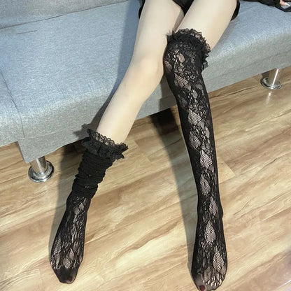 Women Sexy Lace Top Floral Rattan Fishnet Stockings Long Tube Mesh Over Knee Body Stockings Thigh High Hosiery Goth Long Socks