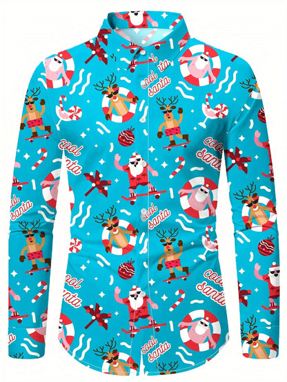 Christmas Festival Theme Men's 3D Printed Formal Shirts Christmas Tree Santa Claus Graphic Long Sleeve Shirt Fashion Men's Shirt