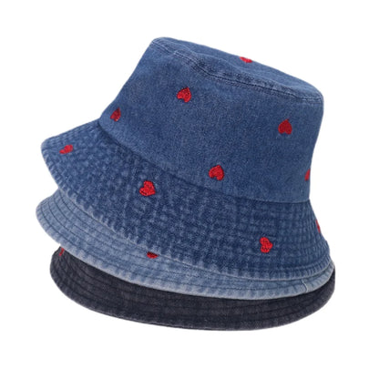 Spring Summer Strawberry Embroidery Denim Jeans Bucket Hat Legent Fisherman Hats for Women Foldable Sport Sun Beach Panama Caps