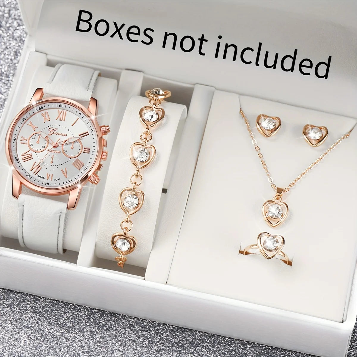 Pink 6PCS/Set Women Watch Roman Numeral Dial Quartz Wristwatch PU Leather Strap Watch Heart Diamond Jewelry Set Gift For Her