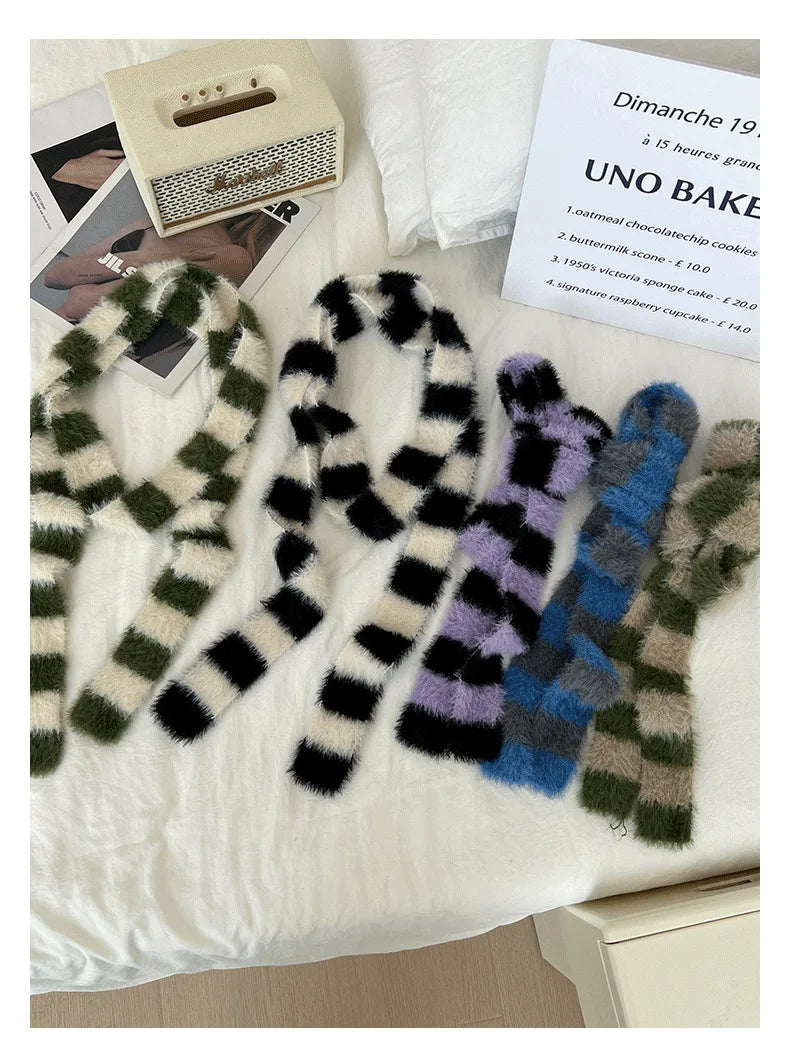 Striped Plush Scarf Women's Niche Design Sense Spice Girl Versatile Decoration Korean Version Thin and Narrow Long Scarf