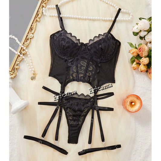 Lace Erotic Lingerie Set Bow Decor Strappy Hollow Out Intimates Bra & Thong & Garter Belt, Women's Sexy Lingerie & Underwear
