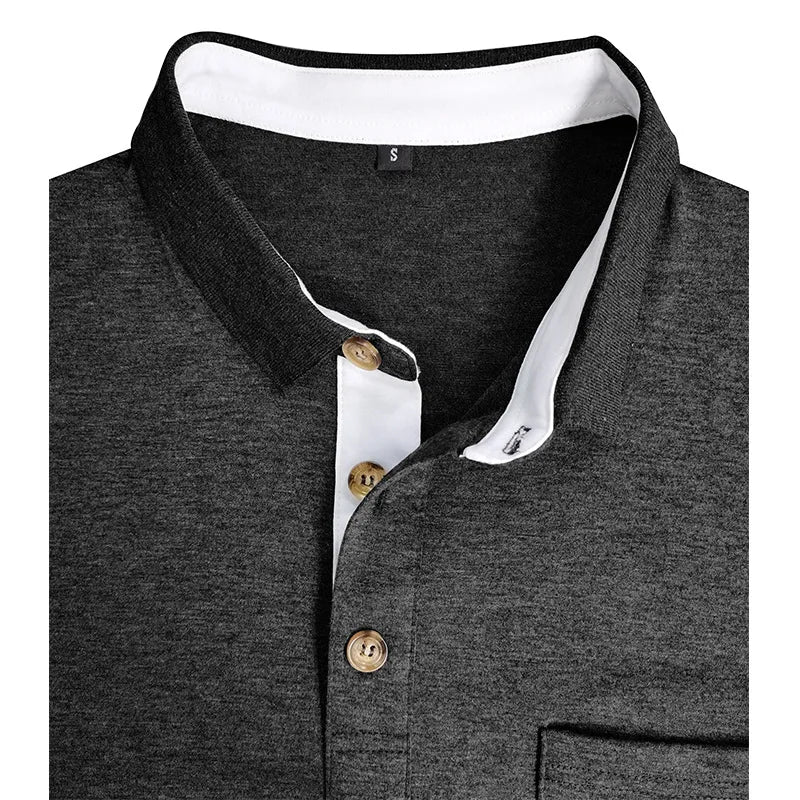Spring Trend Men's Long Sleeve Casual Tshirt Solid Lapel Button Up Pullover Tops Autumn Turn Down Collar Bottoming Polo Shirt
