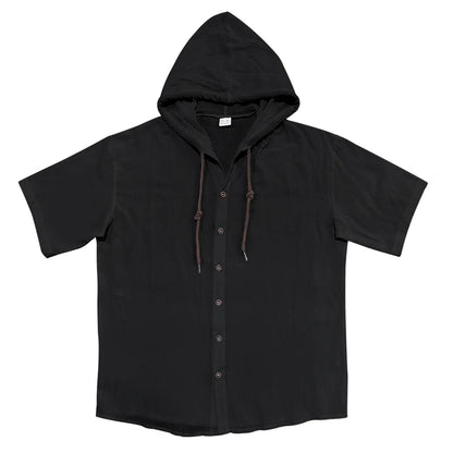 Summer cotton linen men's short sleeved shirt in US size solid color hooded casual T-shirt plus size men's clothing