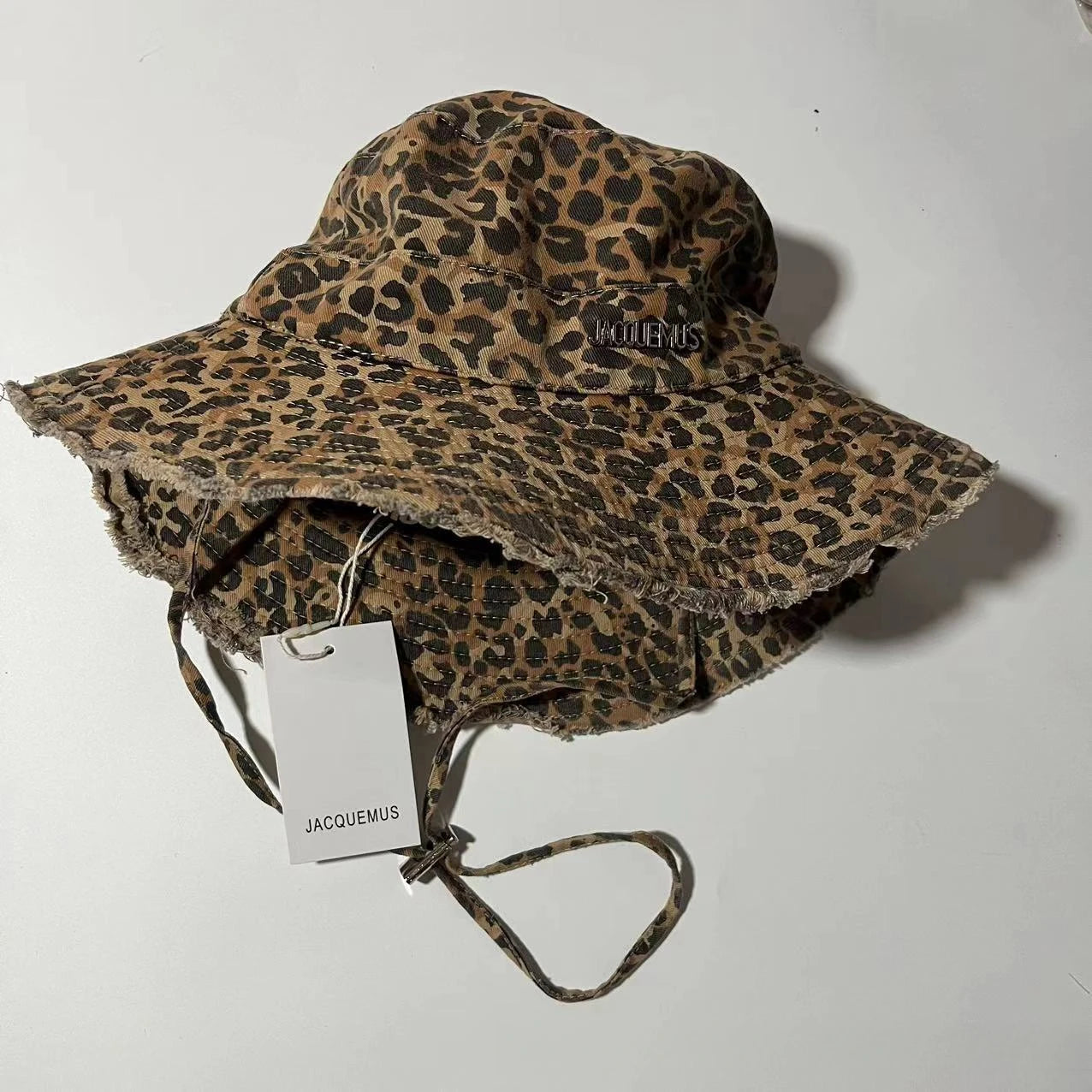 Retro Leopard Print Washed Fringed Fisherman Hat for Men and Women Seasonal Hanging Rope Outdoor Travel Basin Hat Sun Hat