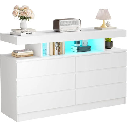 White Dresser for Bedroom with Charging Station and LED Lights, 6 Drawer Dresser Chests of Drawers, Wood Dresser