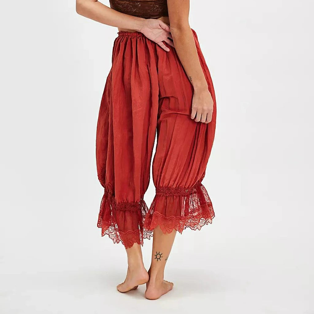 Combhasaki Women's Y2K Loose Fit Bloomers Cropped Pants Drawstring High Waist Floral Lace Patchwork Calf-Length Lantern Trousers