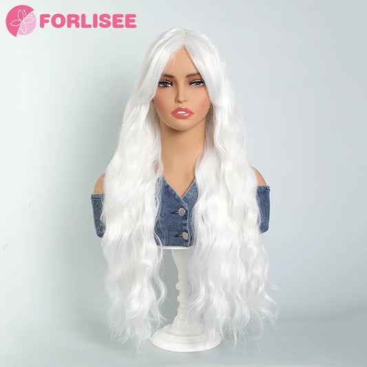 Long Water Wave Wig with Bangs White Colorful Cosplay Wig for Women Daily Party Natural Soft Synthetic Hair Heat Resistant