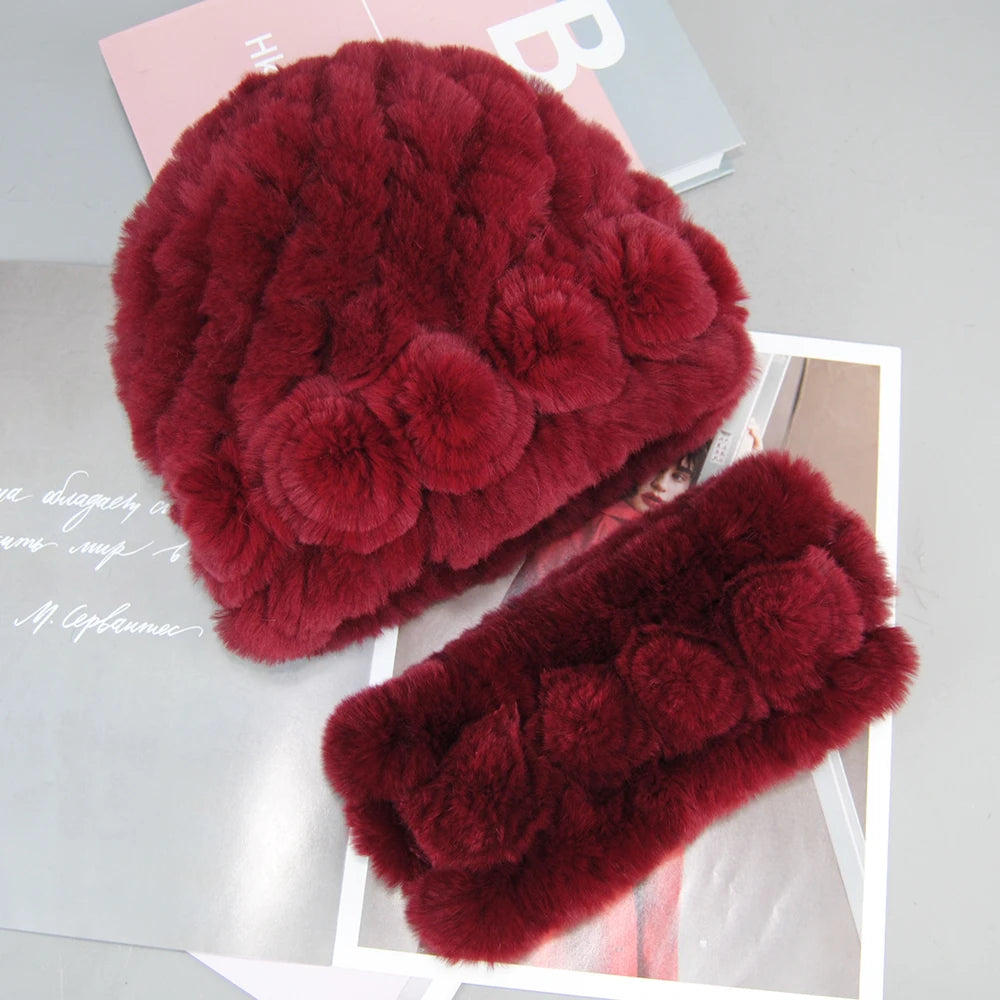 New Fashion Real Fur Hats Scarves Sets Women Winter Knitted Real Rex Rabbit Fur Hat Scarf Ladies Natural Fur Hats Mufflers Sets