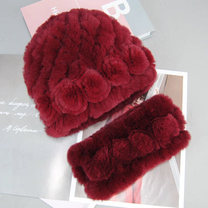 New Fashion Real Fur Hats Scarves Sets Women Winter Knitted Real Rex Rabbit Fur Hat Scarf Ladies Natural Fur Hats Mufflers Sets
