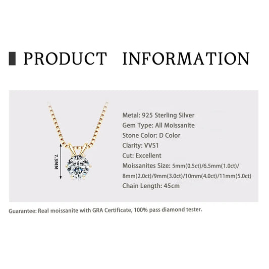 RAPRGOLD GRA Certified 0.5-5ct Moissanite Pendant Necklaces 925 Sterling Silver Solitaire Necklace Chain For Women Jewellry Gift