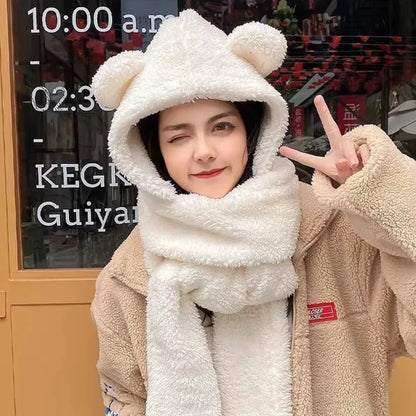 Cute Bear Ear Hat Fashion Winter Warm Comforts Polyester Thickened Plush Hoodie Hat Scarf Gloves Set Girl Kawaii Warm Casual Hat